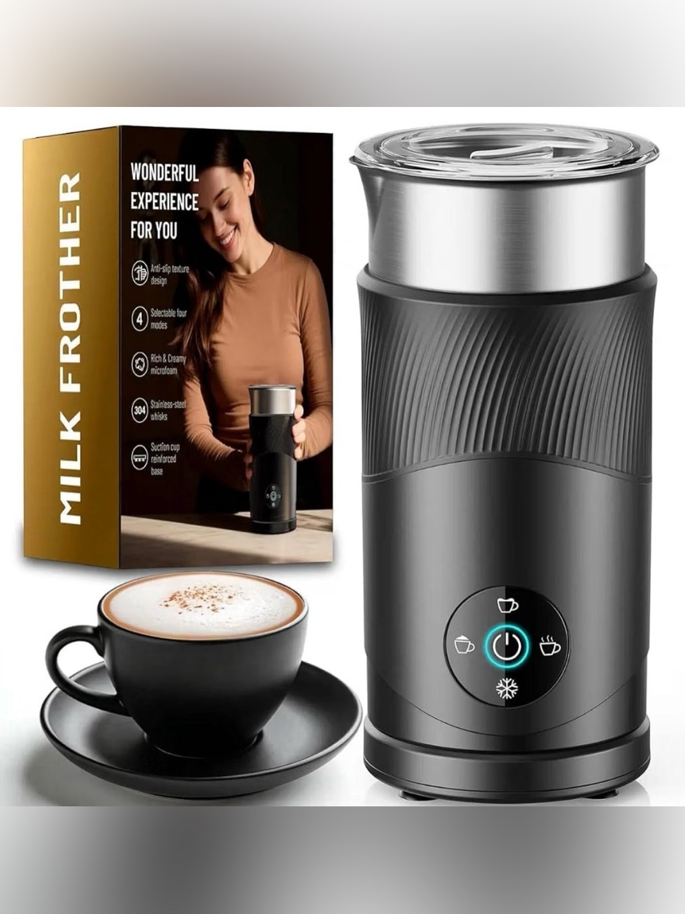 350ml Electric Milk Frother: 4-in-1 Hot & Cold,120s Fast Frothing